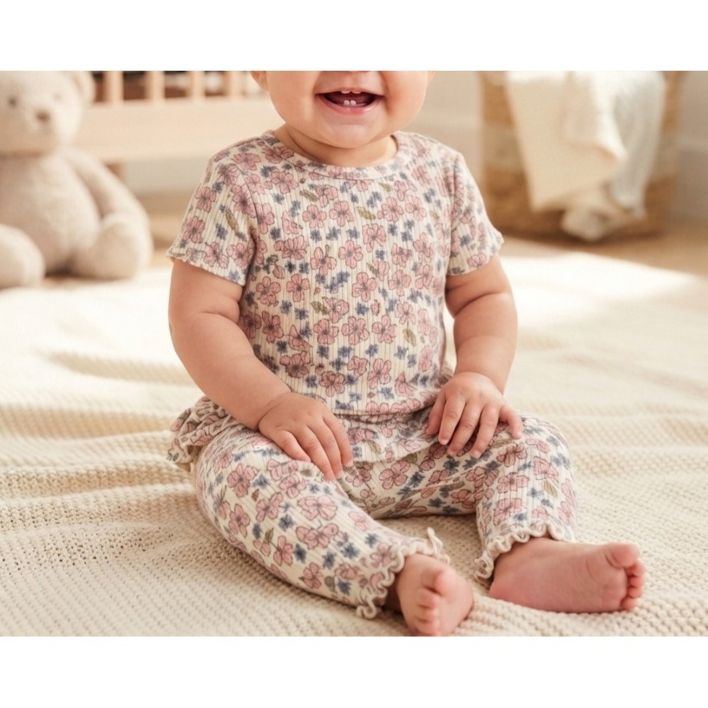 Carters Baby Girls 12M 2-Piece Ribbed Floral Bodysuit and Leggings Set Pink NWT